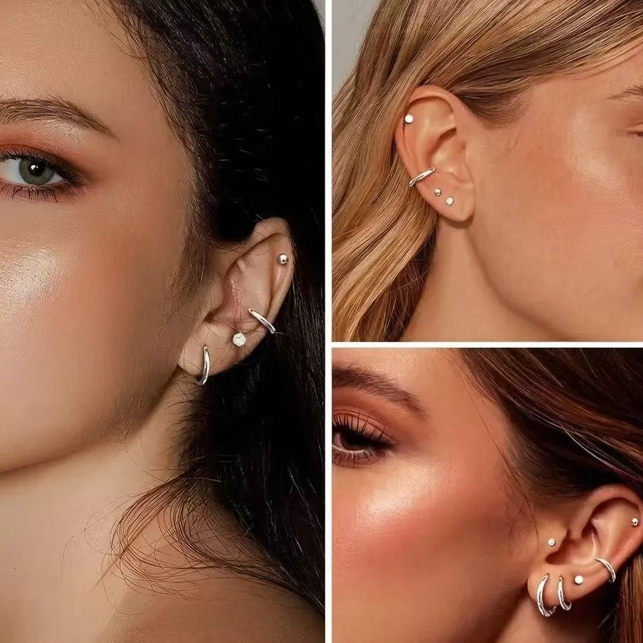12 Pairs Stainless Steel Flat Back Earrings Stud,Trendy CZ Ball Cartilage Earrings Hoop Earrings for Multiple Piercing Jewelry