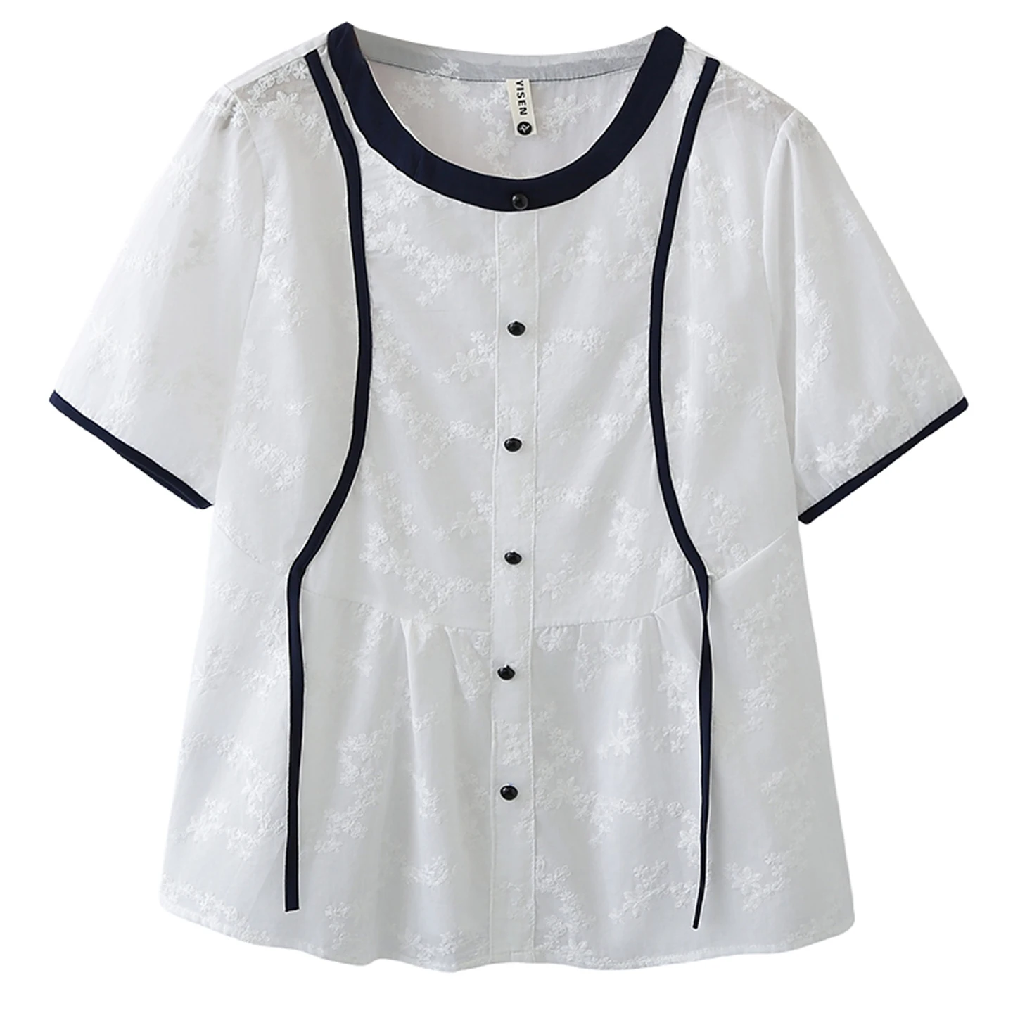 

2026 Summer Plus Size Women Cotton Embroidered Shirt O-Neck Color Block Short Sleeve Pullover Blouse Casual Tops For Ladies 2615