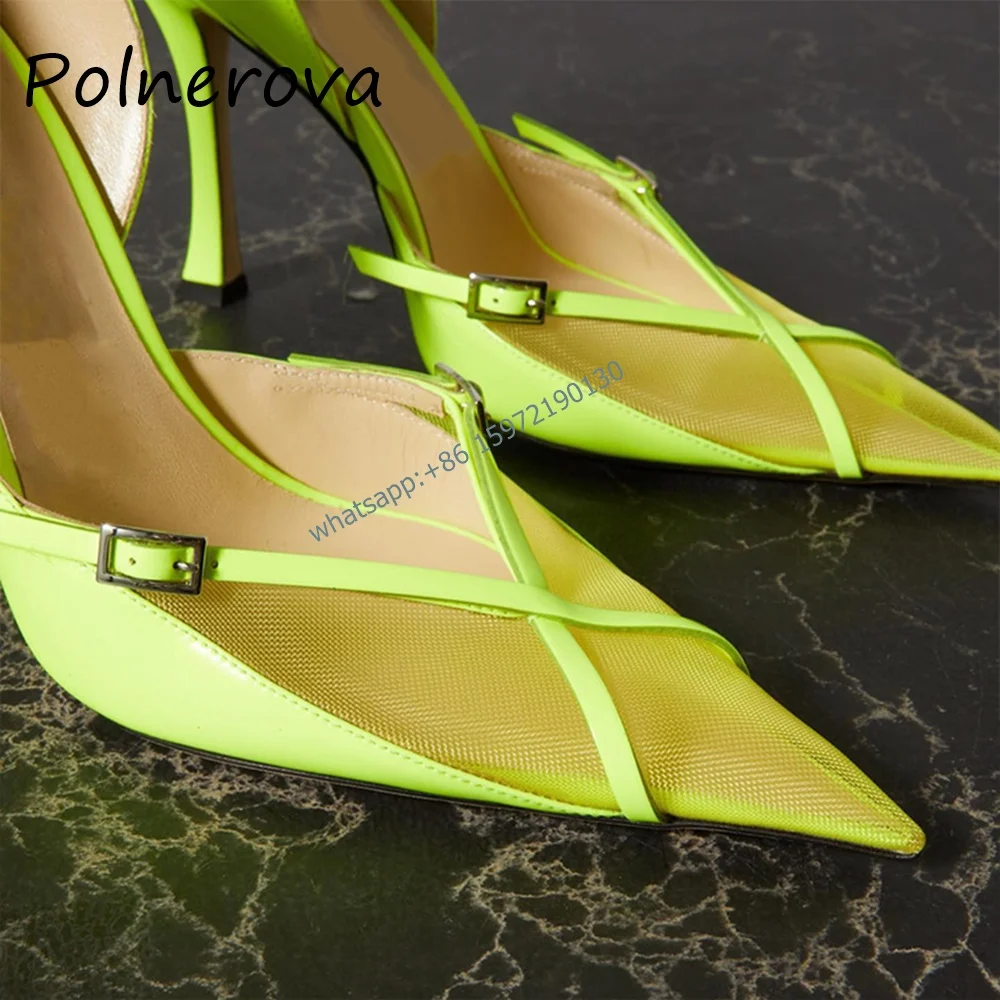 

Fluorescent Yellow Air Mesh Sandals Pointy Toe Thin Heels Solid Ankle Band Buckle Strap Shoes Summer Fashion Street Shoot Shoes