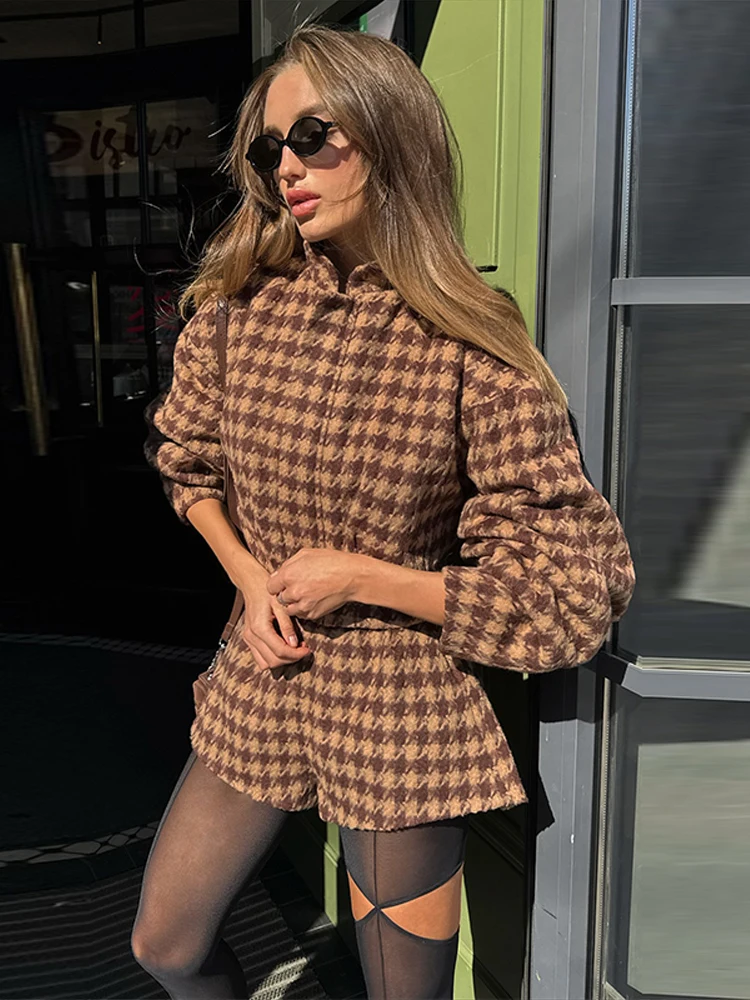 2025 Autumn Retro Plaid Women Set Casual Chic Full Sleeve Zipper Jacket High Waist Pockets Shorts New Office Lady Commute Suit