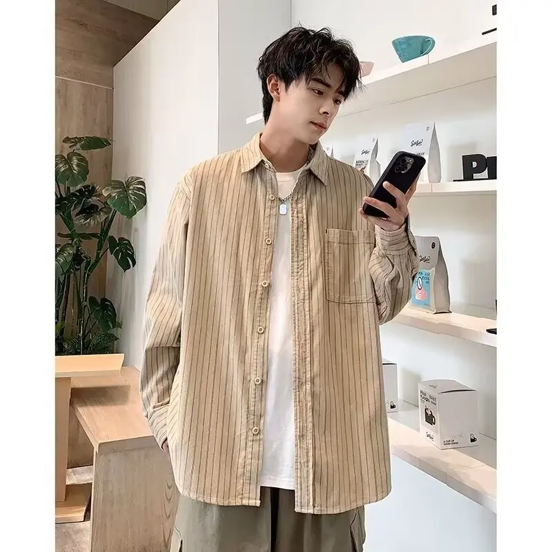 

Рубашка унисекс в вертикальную полоску с длинными рукавами, негабаритная корейская уличная одежда из мягкого хлопка, свободный крой, топ на пуговицах, всесезонный 2025 г.