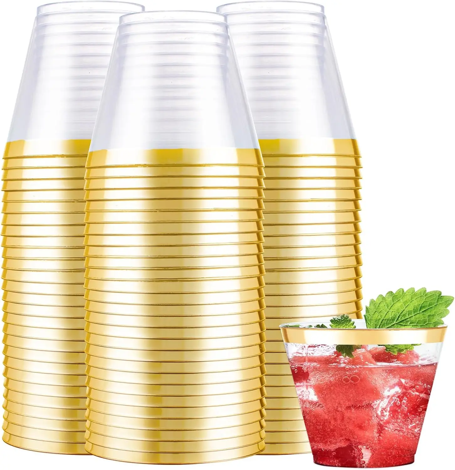 

240PCS Gold Plastic Cups - 9Oz Gold Rimmed Plastic Cups - Heavy Duty Disposable Clear Cup with Gold Rim Perfect for Wedd