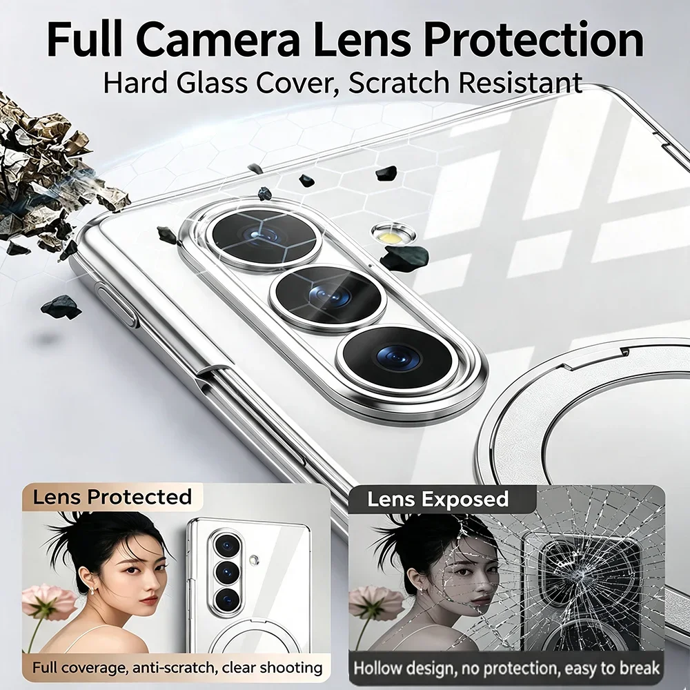 HANNUO 360 Rotating Bracket Clear Magnetic Case for Samsung Galaxy Z Fold 8 Ultra Ring Holder Stand Hard Acrylic Matte Cover