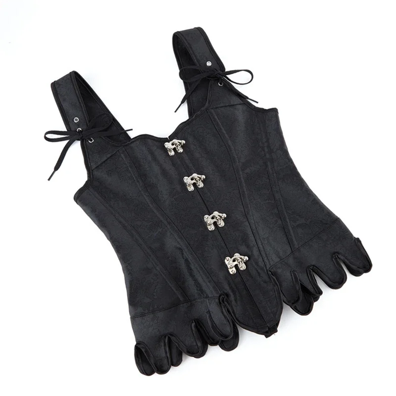 Gothic Black Retro Jacquard Overbust Corset Top Sexy Women Fashion Fan Shaped Hem Bodice Body Shaper Shoulder Strap Bustier Vest