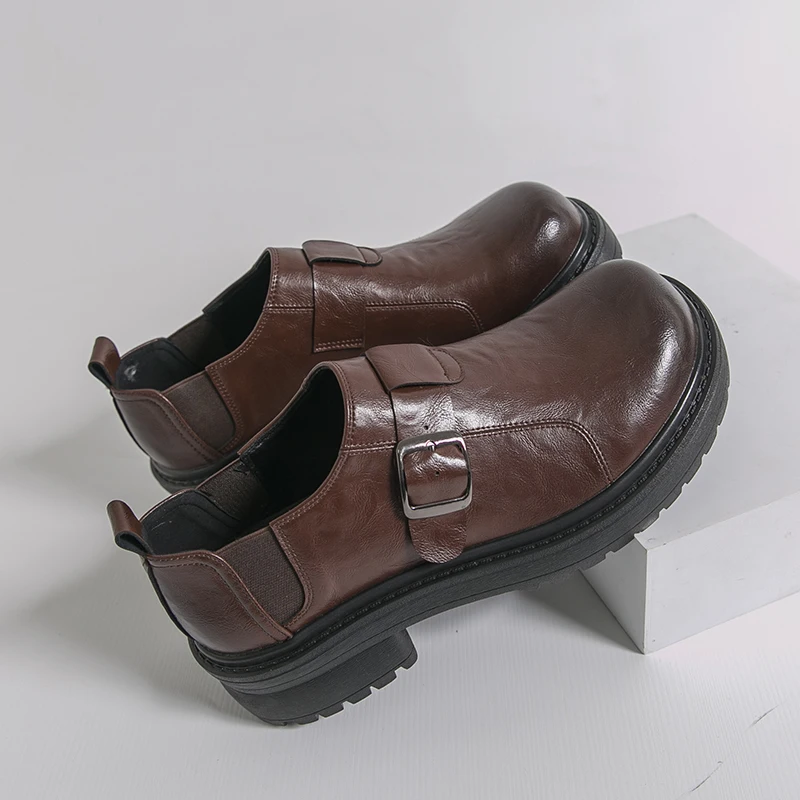 

Men Retro Brown Leather Loafers with Buckle Thick Sole Casual Slip-On Platform Shoes for Daily Commute Offic Size 38 - 46