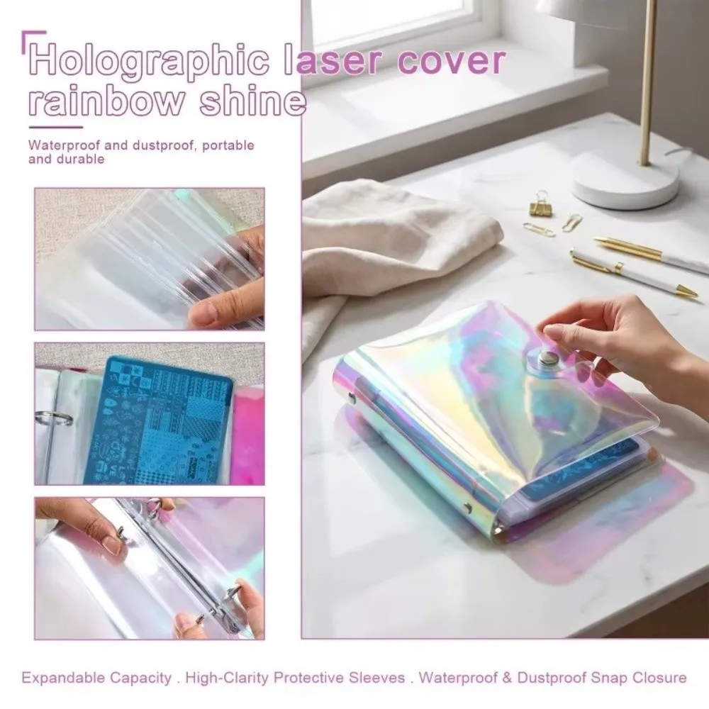 Holographic Laser Nail Stamping Plate Holder Colorful Loose Leaf Card Storage Case Large Capacity Soft Cover Dustproof Organizer