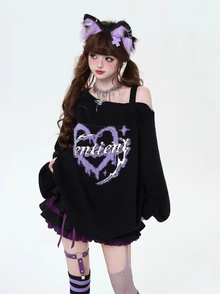 

QWEEK Coquette Y2k Gothic Goth Harajuku Oversize Sweater Women Off Shoulder Knitted Knit Love Heart Print Pullovers 2024 Autumn