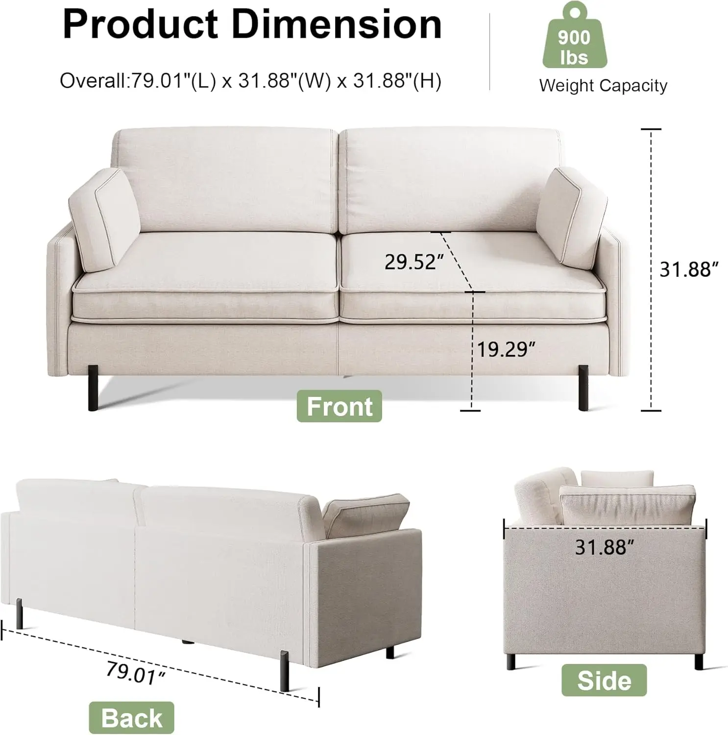 Feonase 79" Wygodna rozkładana sofa, nowoczesna lniana kanapa z 2 poduszkami, ramą z litego drewna i metalowymi nogami, idealna do salonu,