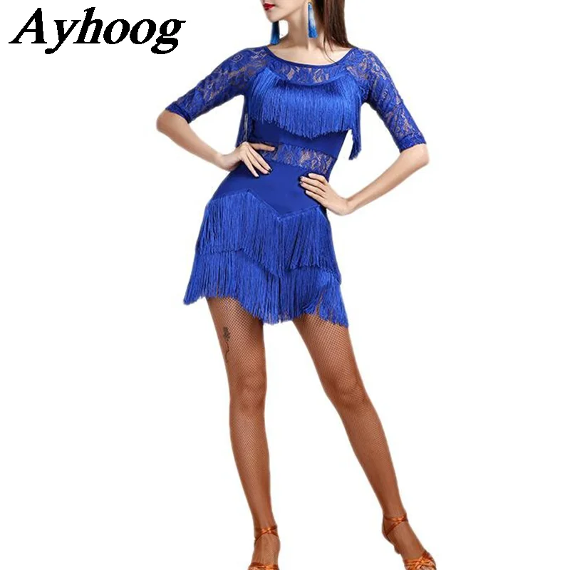 Women Latin Dance Dynamic Tassel Dress Sexy Lace Splicing Dance Dress for Ladies Professional Ballroom Tango Salsa Rumba Outfit