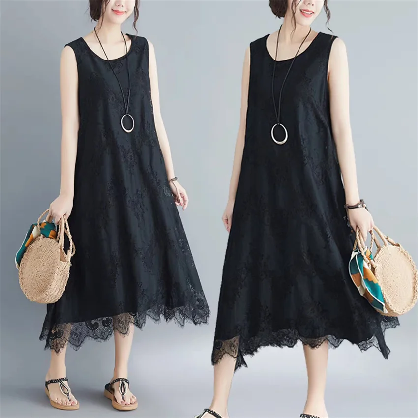 2025 Big Size Summer Tank Dresses Elegant Women Sleeveless Lace Dress Party Dress Midi-Long Dress Vestidos Fairy Outfits  WZ2454