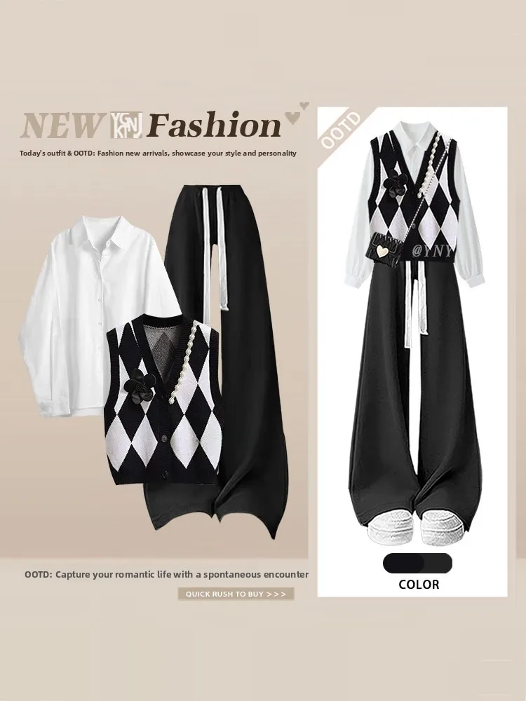 

Весенний комплект из трех предметов: жилет, повседневные брюки и футболка – женский антивозрастной многослойный модный ансамбль в студенческом стиле