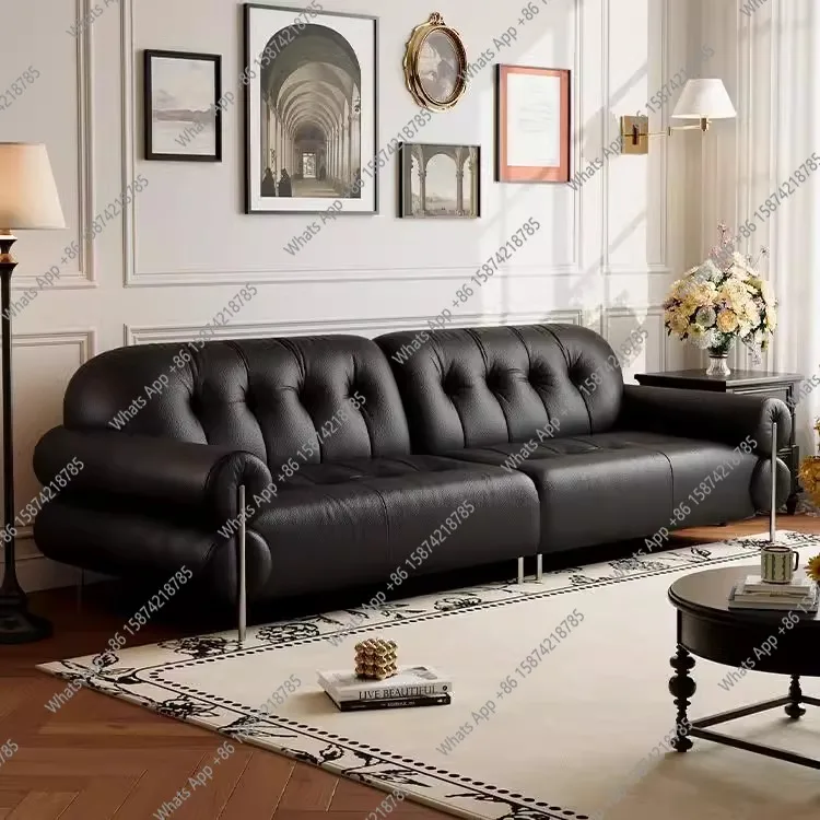 

French retro style brown sugar cloud sofa Italian minimalist straight row sofa small apartment living room black first layer lea