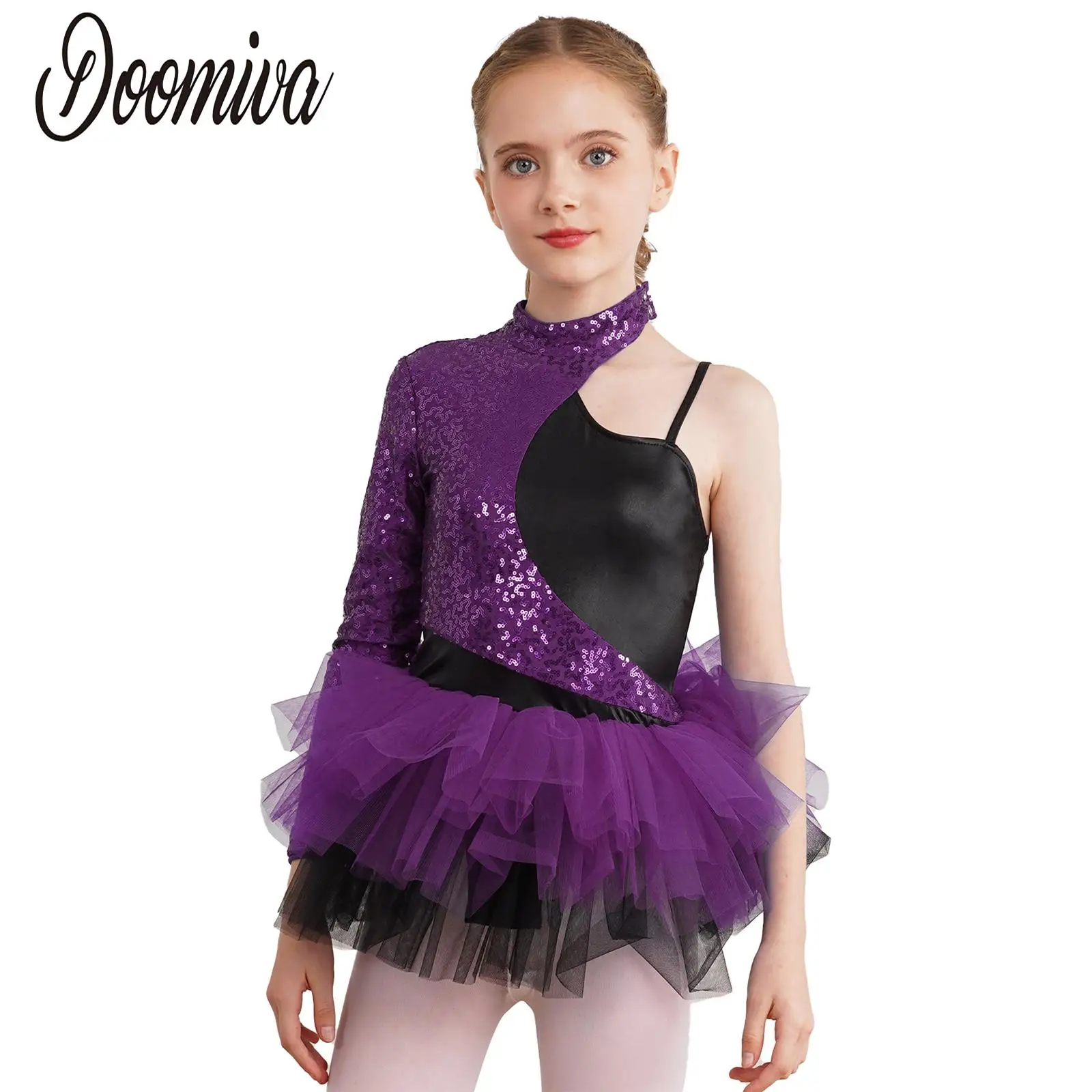 

Kids Girls Sequin Tutu Dress for Jazz Latin Modern Ballet Dance Wear One Sleeve Leotard Tulle Skirted Dress Performance Costumes