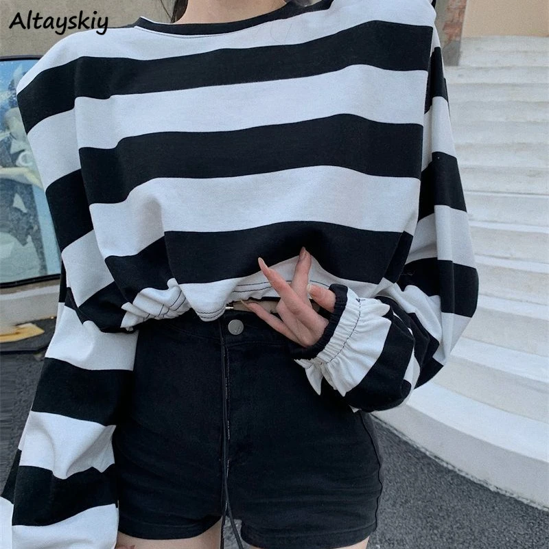 

Vintage Striped Women Hoodies Korean Style Leisure Shirring Loose Chic All-match Streetwear Pullover O-neck Ulzzang Cropped Tops