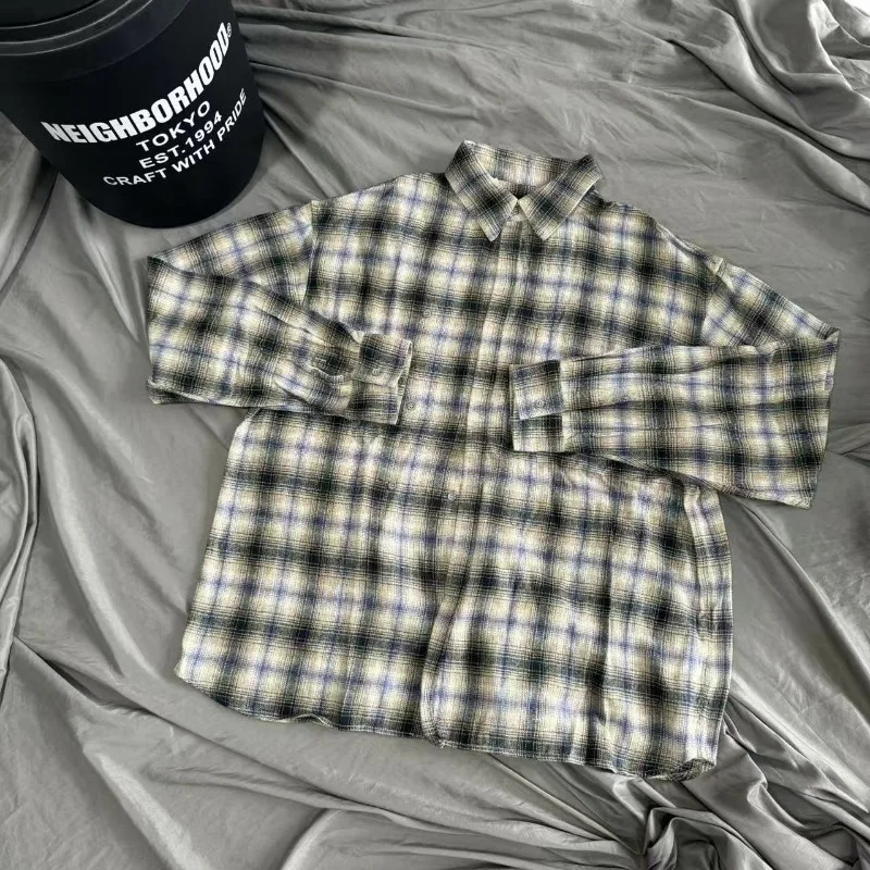 

Japanese High Street Colorful Plaid Shirt HIDE IN HILLS Flannel Brushed Long Sleeve Shirt Men Women Vintage Loose V-shape Blouse