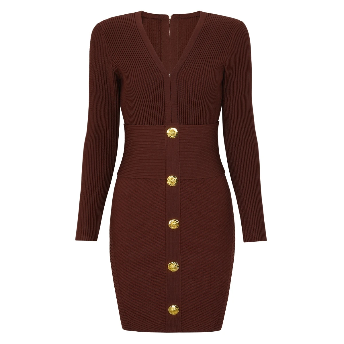 

High-End Baa 25 Autumn New Deep V-Ne Long Sve Waist-Cinched Slimming Bodycon Knitted Dr OL Sle Commute Faion