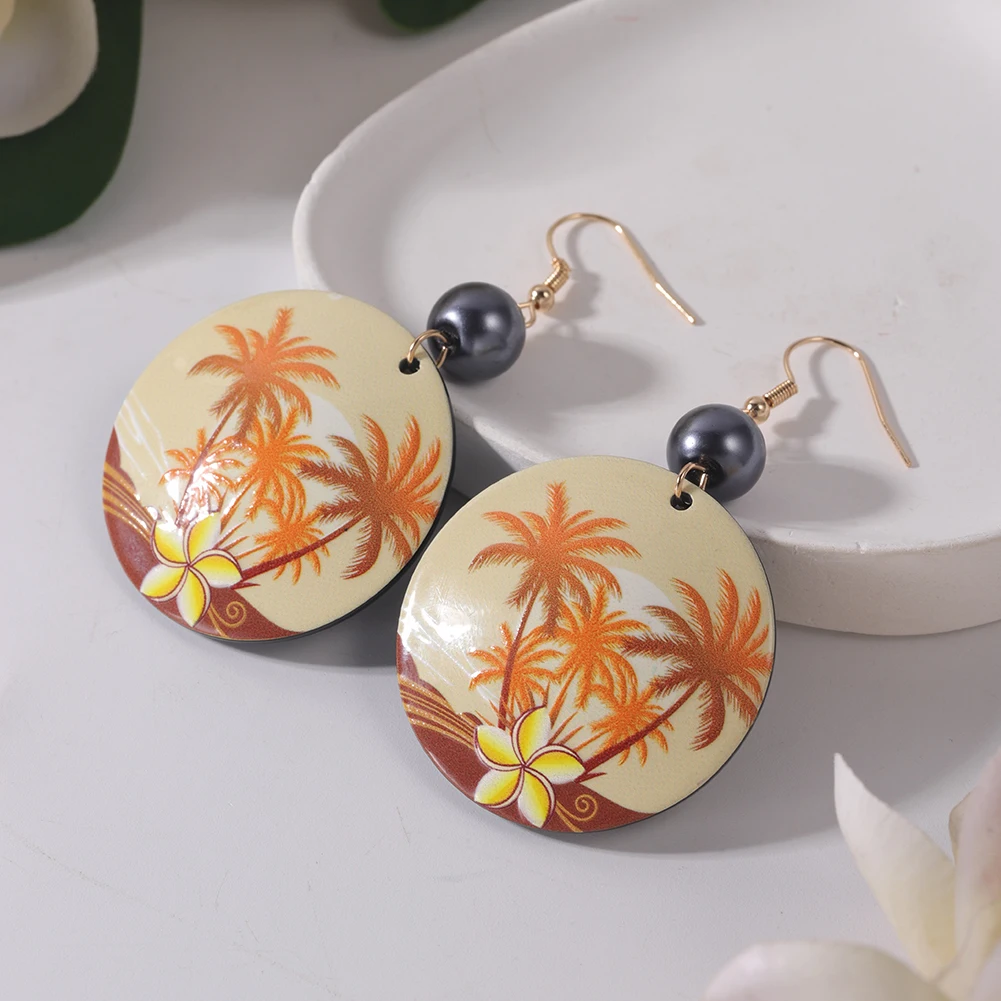 Cring Coco Hawaiian Acrylic Earrings French Polynesia National Woman Fashion Printed Cook Island Drop Earring Jewelry for Women