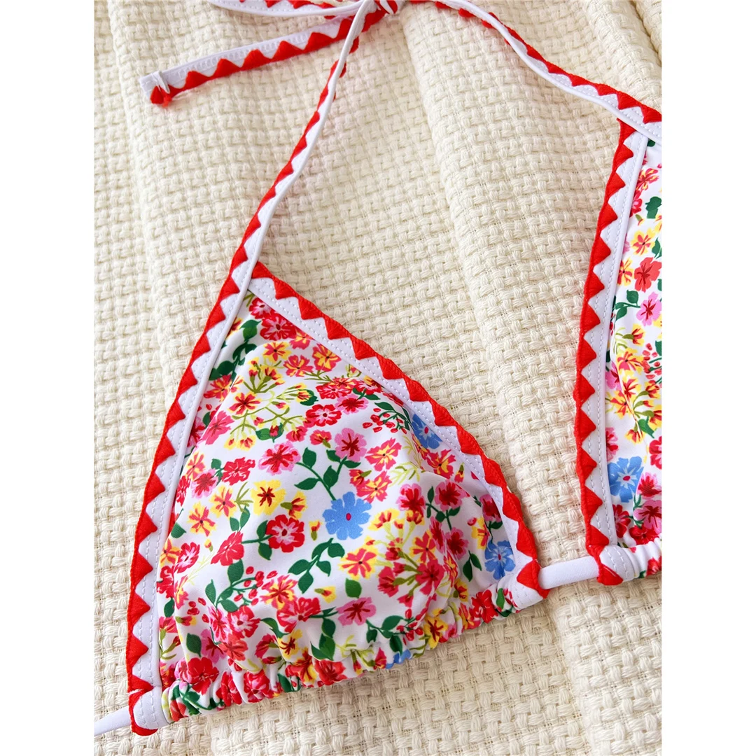 Sexy, mit Blumenmuster bedruckter Bikini mit Neckholder, Damen-Badeanzug, zweiteiliges Bikini-Set, brasilianischer Badeanzug, Badebekleidung, Modell V5521. – Detail 10