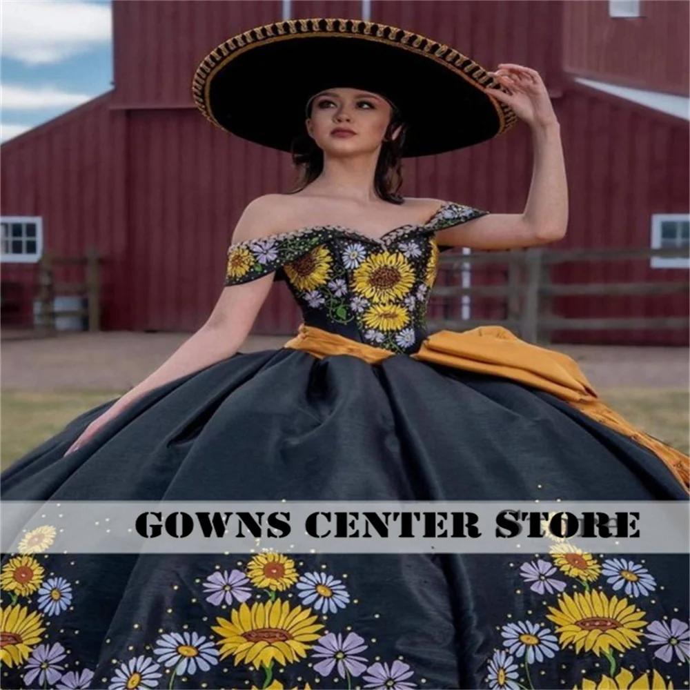 Geborduurde Zonnebloem Zwarte Quinceanera Jurken Baljurk Verjaardagsfeestje Jurk Mexicaanse Afstuderen Toga Sweet 15/16 Aangepast