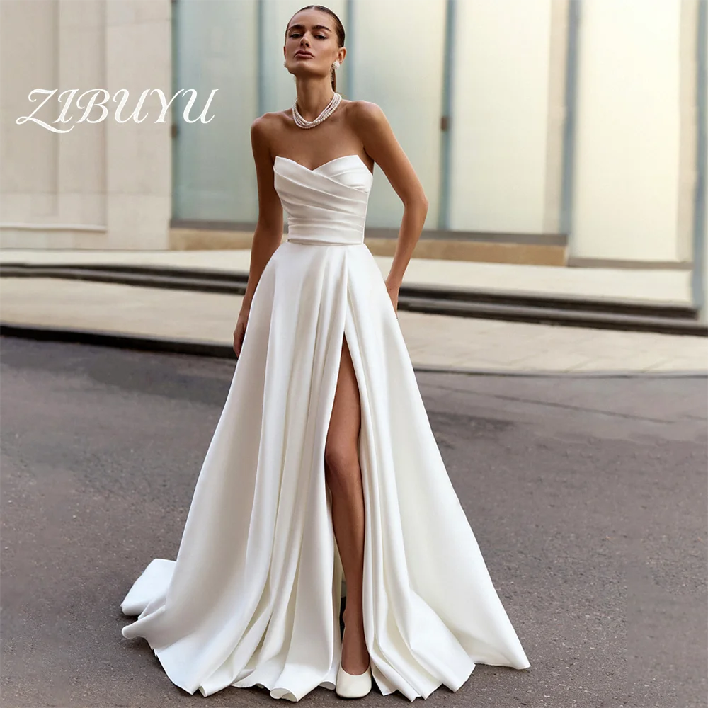 

ZIBUYU Customized Elegant Simple Wedding Dress 2026 Strapless Sleeveless Ruched Satin High Slit A-Line Floor Length Bridal Gowns