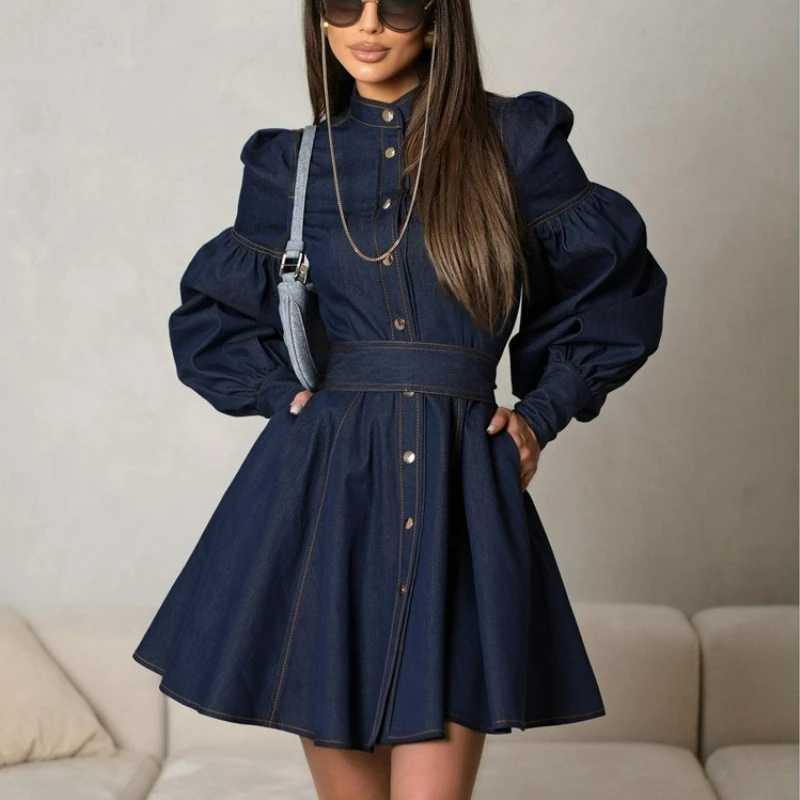 Spring  Autumn New Denim Shirt Dress Features Niche Design with Lantern Sleeves Lace-up Exuding Stylish Elegant Vibe for Women