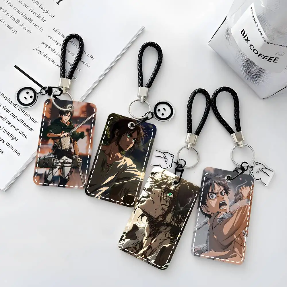 Anime Eren A-Attack on T-Titan Card Case Keychain Access Card Bag Key Tag Ring Leather Card Holder Key Ring Access