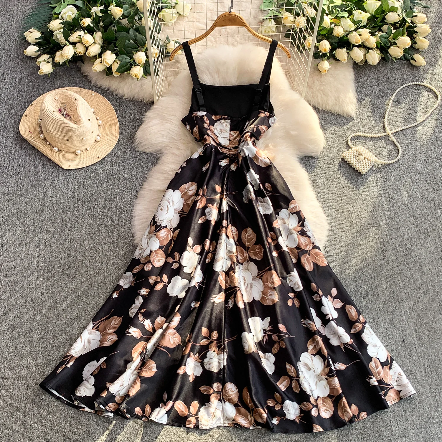 Elegancka sukienka bez rękawów z satyny w koreańskim stylu, sukienka letnia, odzież damska na jesień i zimę.