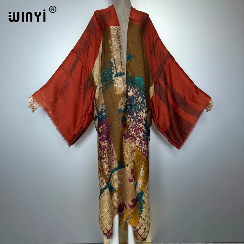 WINYI kimono Cardigan con stampa a olio Bikini Cover-up abiti da spiaggia per donna abito in cotone con sensazione caftano musulmano abaya dubai lusso
