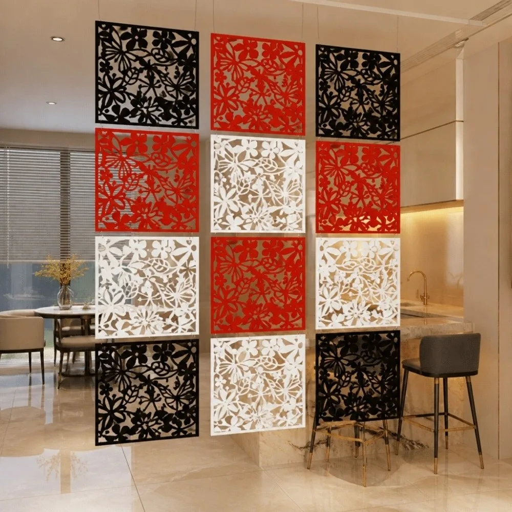 9Pcs Hollow Pattern Hanging Partition Screen Minimalist Square Shape Room Divider Curtain No Drilling Flower Carving
