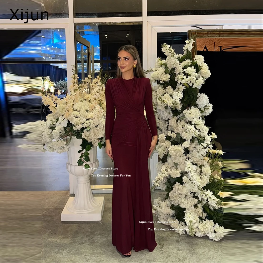 Xijun Burgundy Stretch Crepe Evening Dresses Modest Full Sleeves Pleated Prom Dresses Ankle Length Formal Prom Gowns Customized