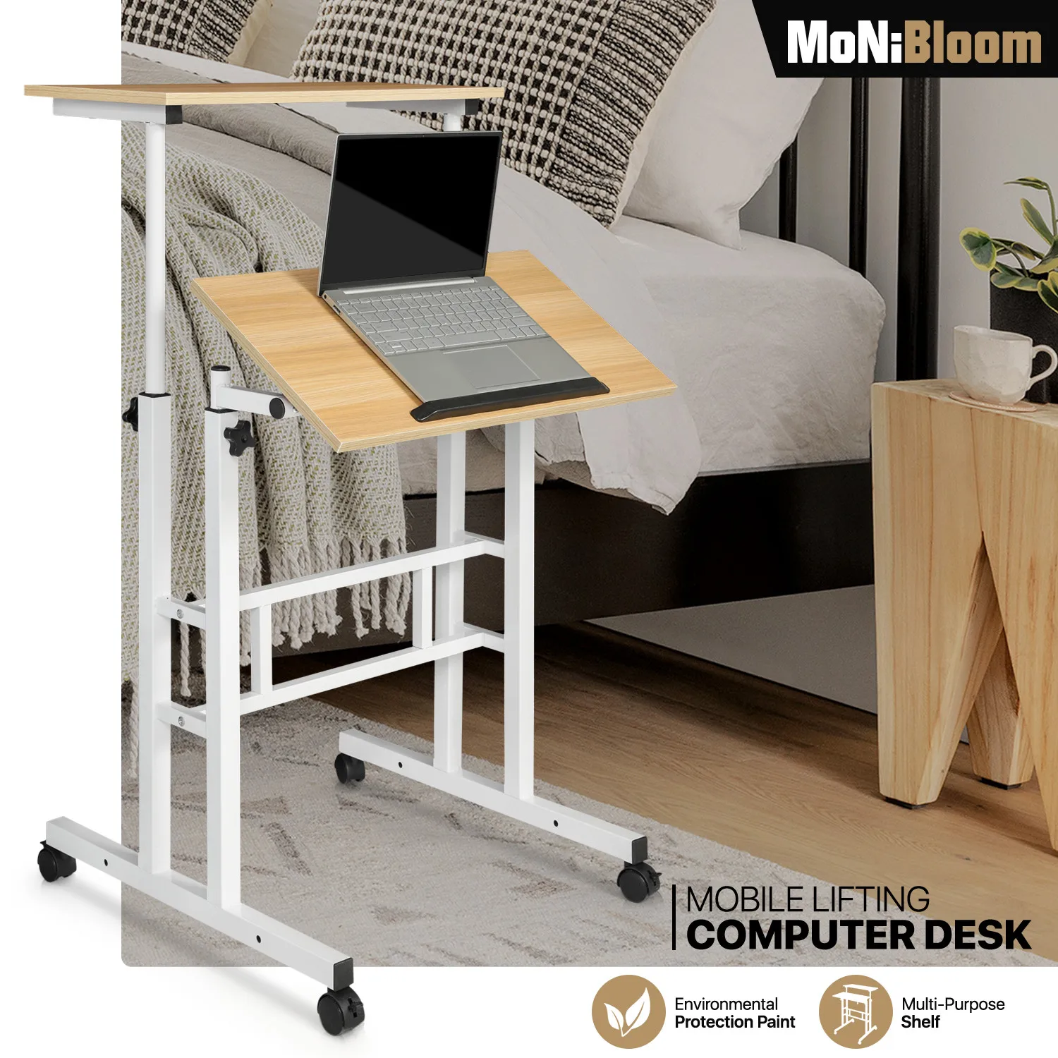 

Rolling Laptop Desk Adjustable Height Office Computer Table Stand up Workstation
