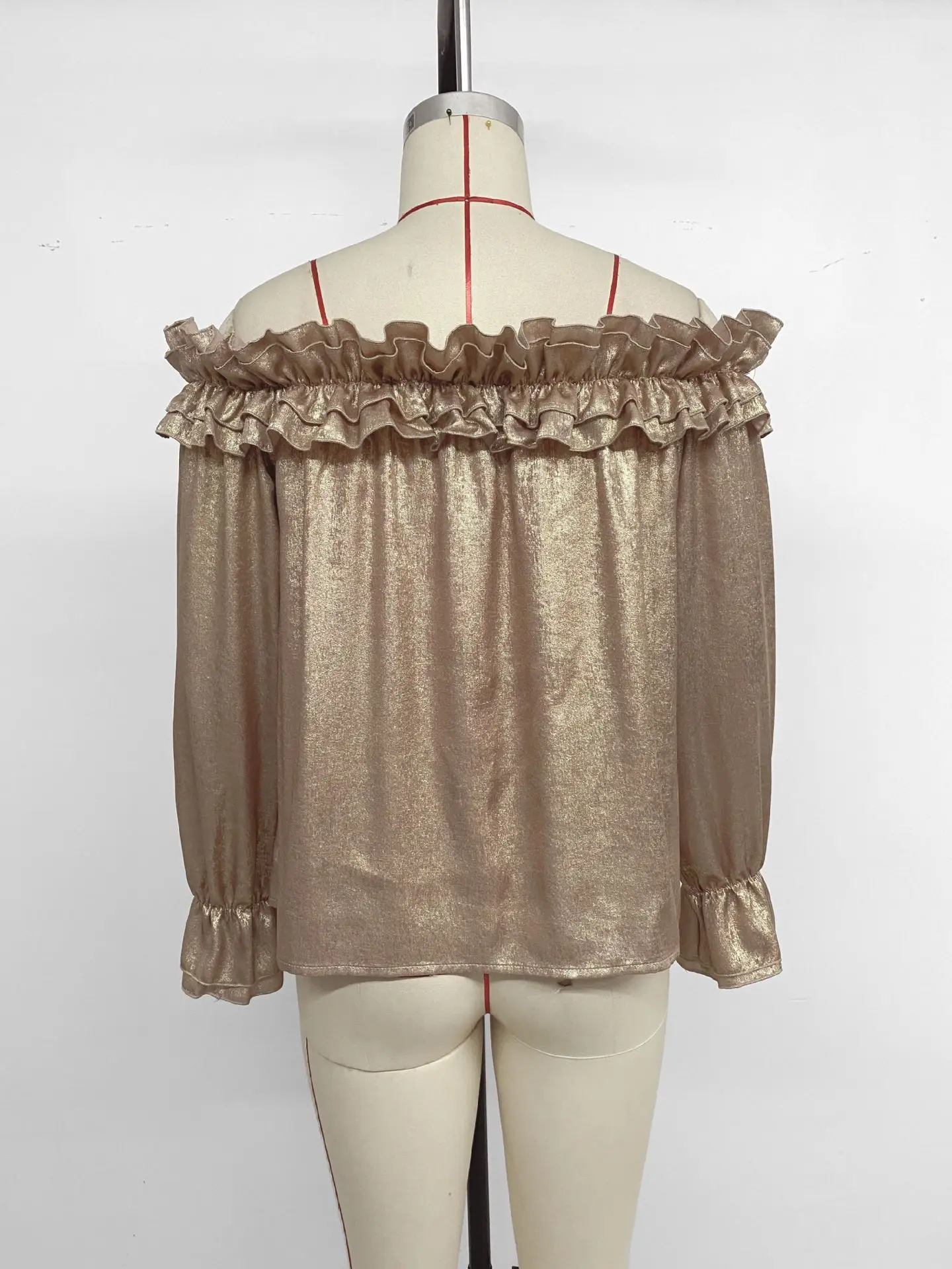 2025 Gold Off Shoulder Shirt Women Sexy Elegant Party Blouse Long Sleeve Ruffle Top Night Club Dinner Going Out Tops