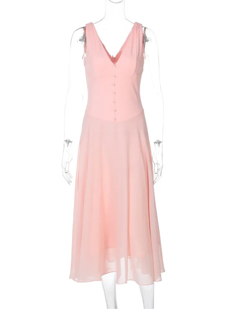 XIAOTANG สีชมพู V คอ Backless เซ็กซี่ Maxi ชุดผู้หญิงชุดแฟชั่นแขนกุด A-Line จีบ Club Party ชุดยาว