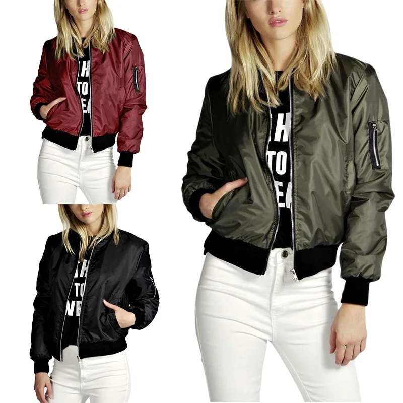 Chaquetas finas de manga larga para mujer, chaqueta Bomber básica con cremallera, abrigo informal con cuello redondo, prendas de vestir exteriores