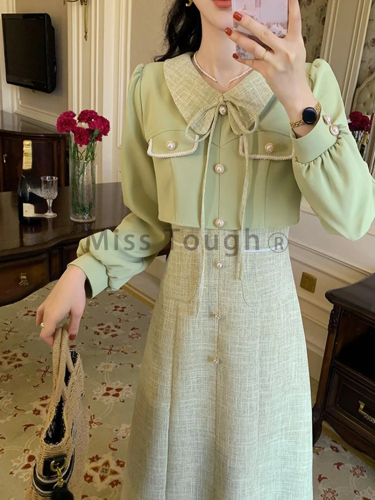 Green Patchwork French Vintage Dress Women Lace-up Elegant Sweet Midi Dress Female Princess Fashion Fake Two Piece Dress 2023