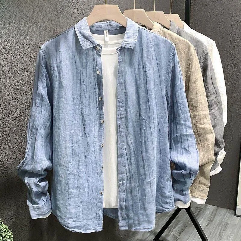 

Spring Autumn New Style Men's Cotton Linen Color Collar Long Sleeve Casual Shirt Fashionable Loose Fit City Walk Outerwear