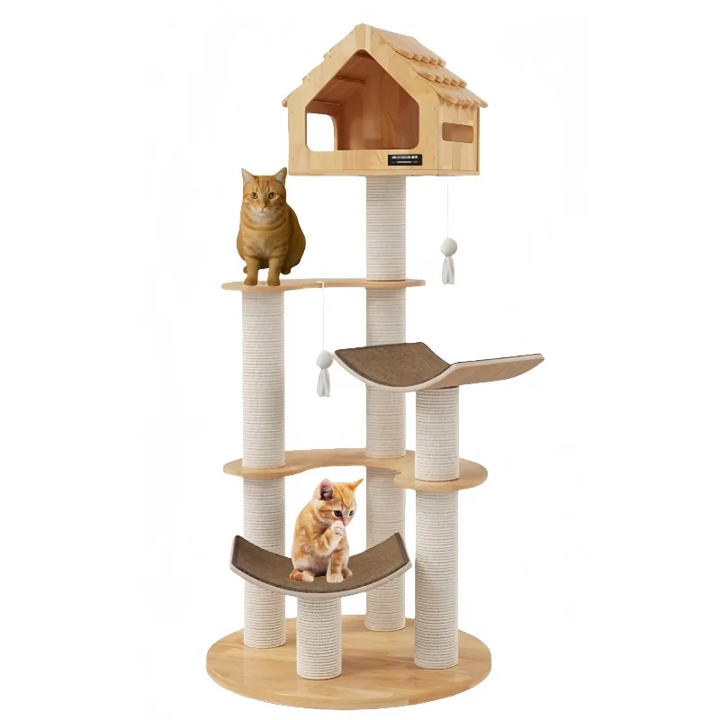 

Solid Wood Cat Tree Tower with Capsule Bed Scratching Post and Board Climbing Furniture Cat Supplies