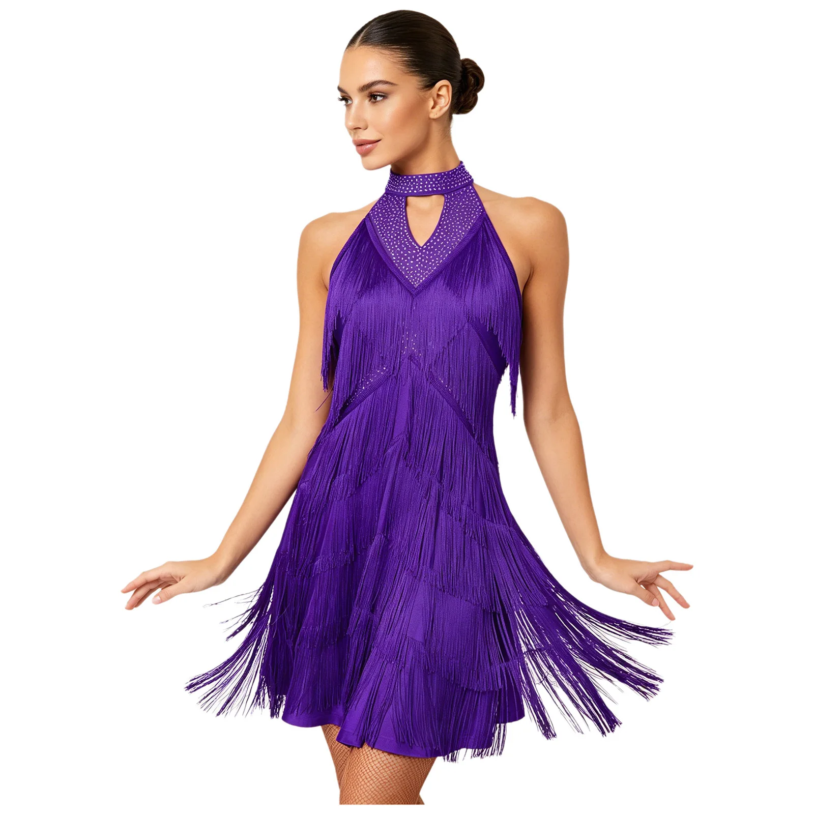 

Rhinestone Fringed Latin Jazz Dance Dress for Women Backless Halter Tiered Tassel Dress for Tango Samba Flamenco Dance Clothing