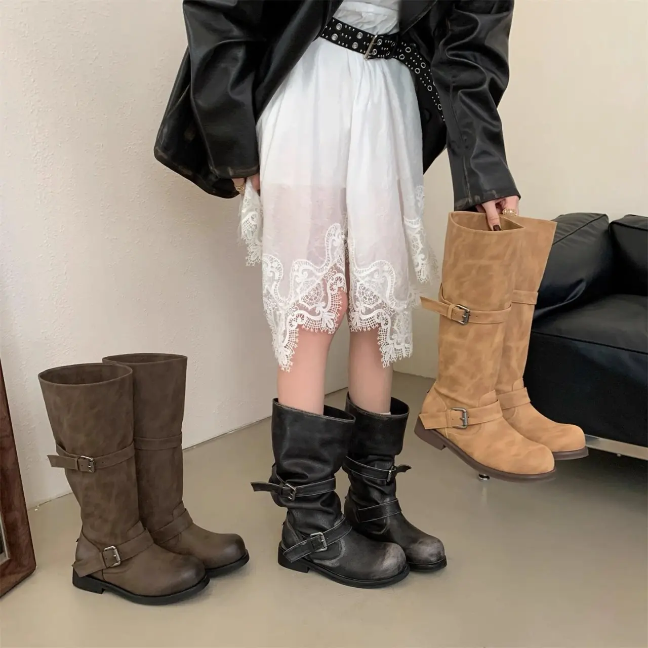 New Vintage Faux Suede Woman Knee High Boots Metal Buckle Decor Block Heel Shoes Autumn Ladies Daily Mordern Long Booties