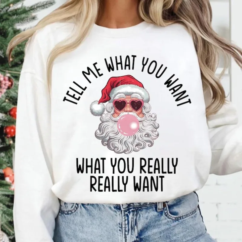 面白いサンタ ポップカルチャー スウェットシャツ 何を望んでいるか教えてください クリスマス バブルガム サンタ トップ 90年代 ノスタルジア ホリデーギフト キッチ クリスマス