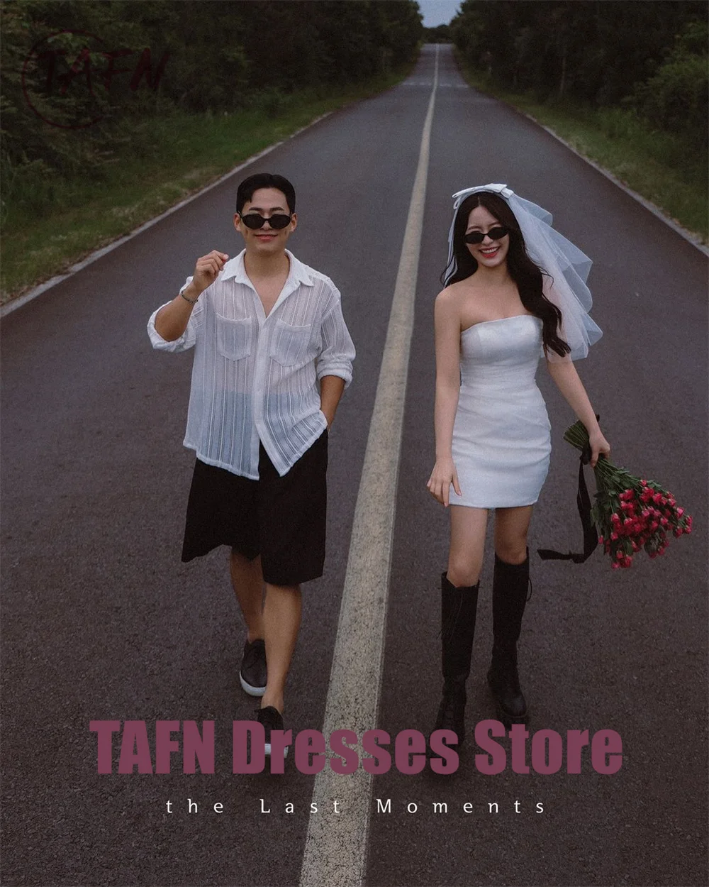 TAFN Korea Simple Short Wedding Reception Dresses Photo Shoot Strapless Bridal Gown Mini Sleeveless Evening Party Dress