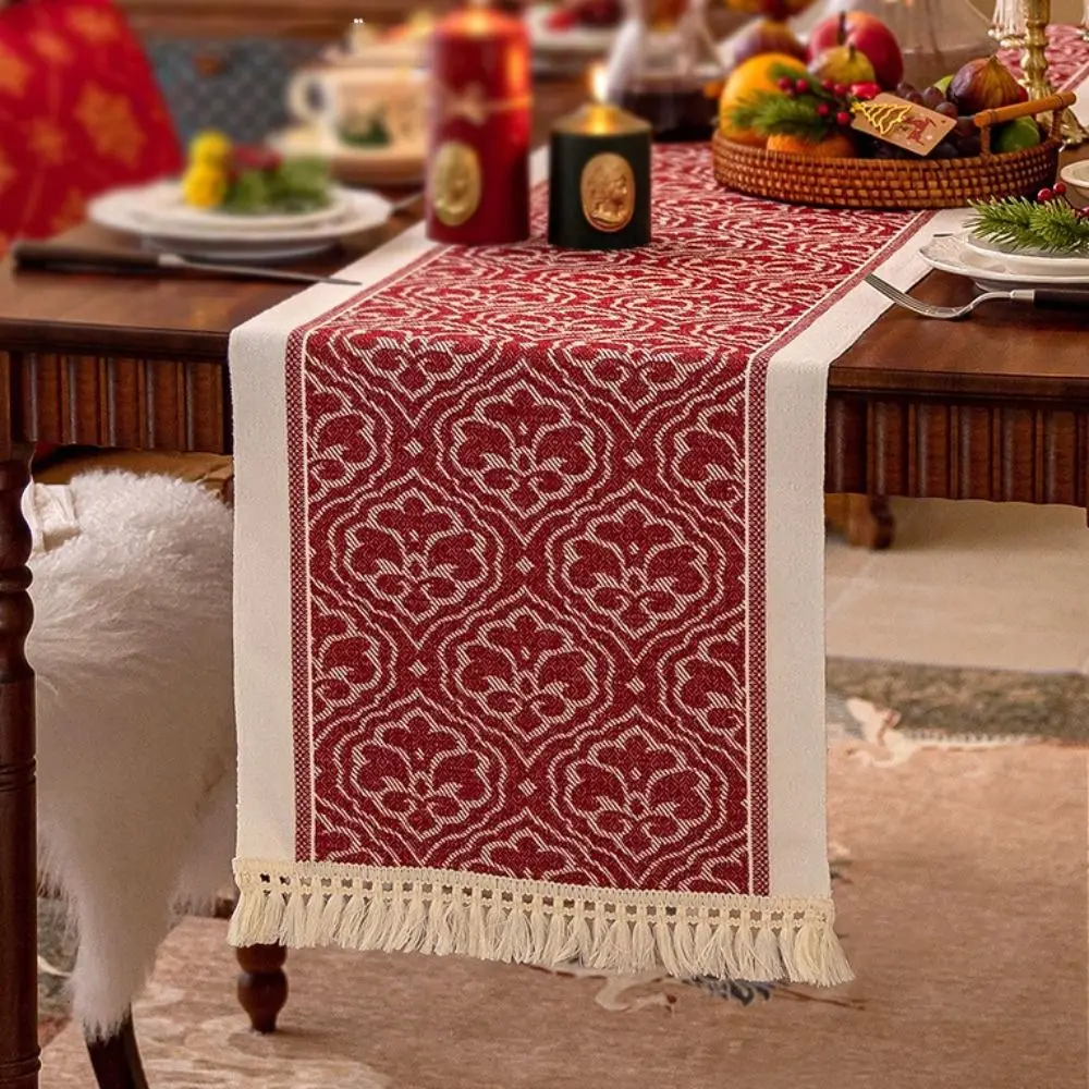 Polyester Christmas Table Runner Santa Claus Pattern Snowflake Pattern Long Tablecloth Cartoon Pattern Multi-Color Tassel
