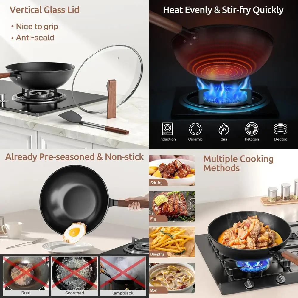 

13 Carbon Steel Wok Set with Glass Lid and Silicone Spatula, Compatible with Induction, Electric, and Gas Cooktops