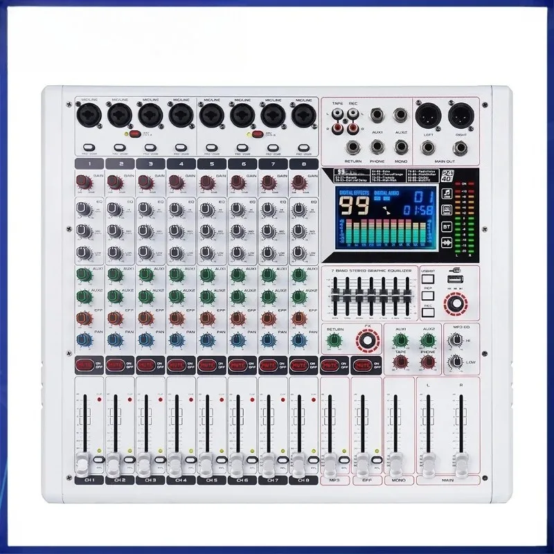 

8 Channel 99 DSP Professional Audio Mixer Sound Mixing Console Sound Mixer with Bluetooth USB