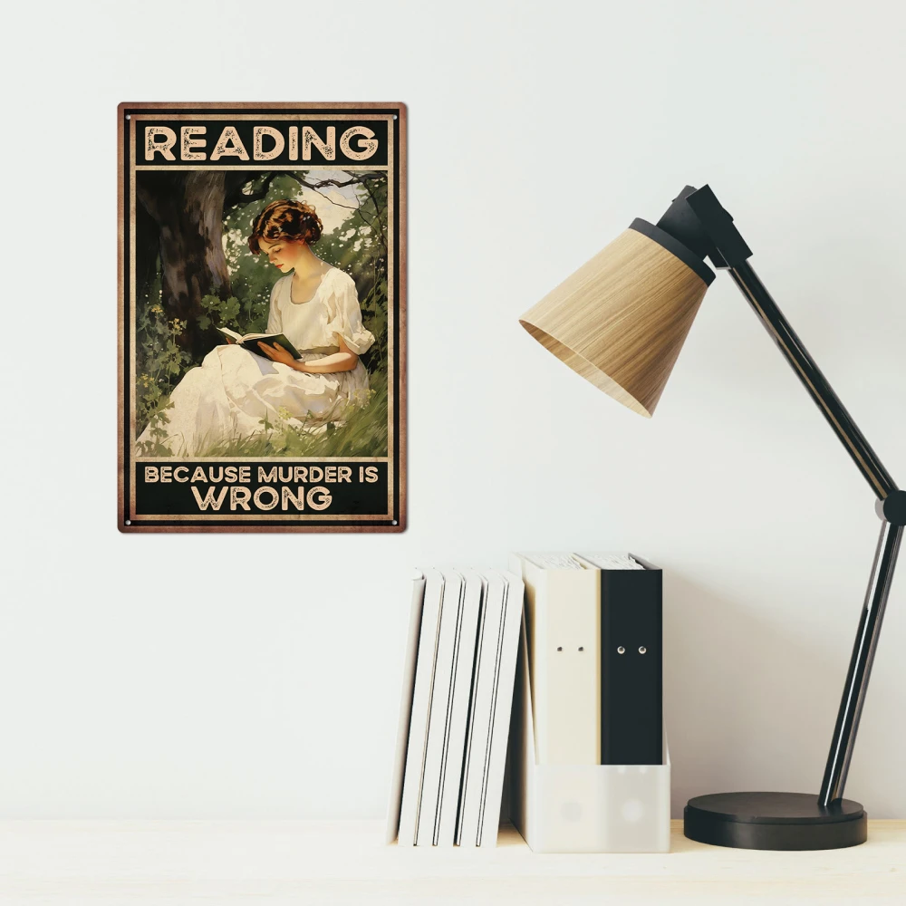 Putuo Decor 1pc Funny Quotes Vintage Metal Tin Sign, Reading Because Murder Is Wrong, Wall Art Decor for Reading Room, Gift