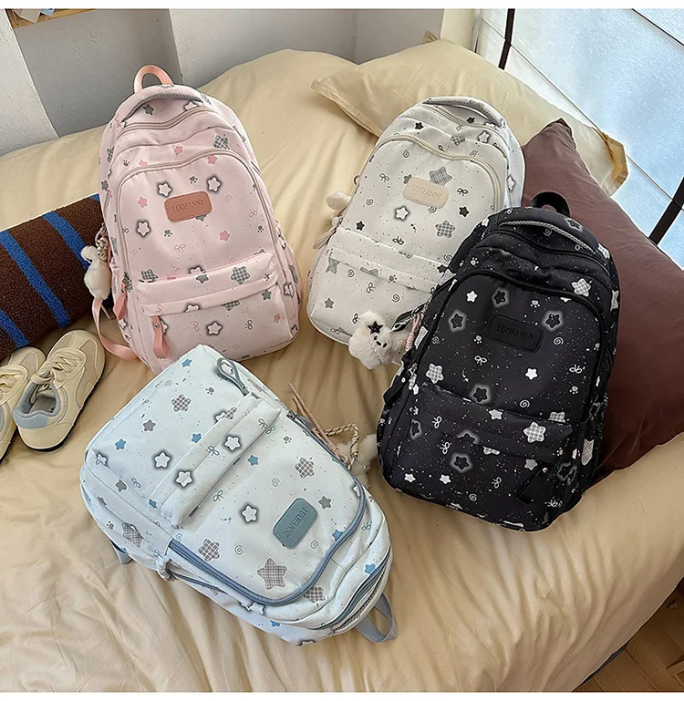 

Студенческая школьная сумка большой вместимости с принтом звездного банта, дышащий широкий плечевой ремень, милый дорожный рюкзак для девочек