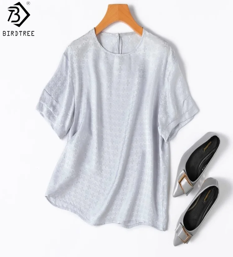 

Birdtree 18MM 100% Mulberry Silk Silver Grey Shirt,Women Jacquard Mulberry Satin Short Sleeve O-neck Summer T shirt T59118JF