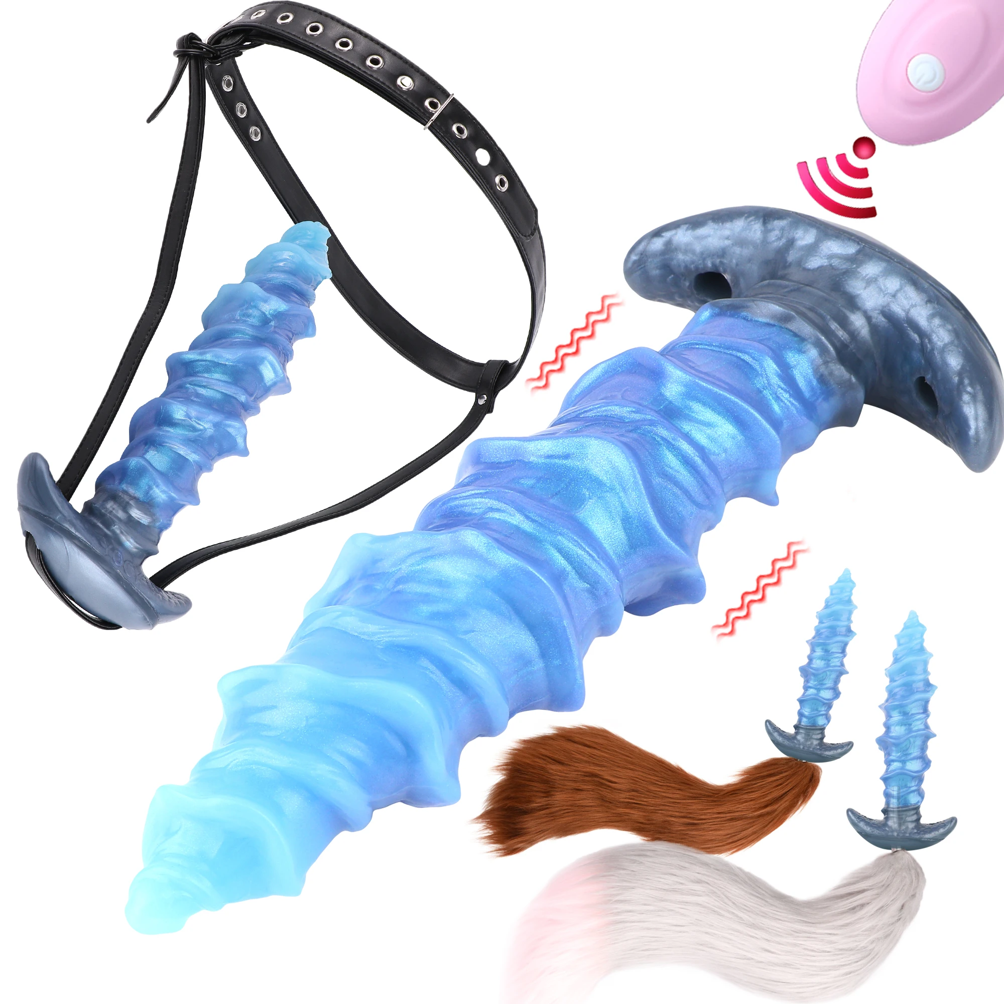 FAAK Remote Control Vibrating Strap-ons Silicone Long Ribbed Anal Plug with Large Tail BDSM Wearable Dildo Sex Toys For Women