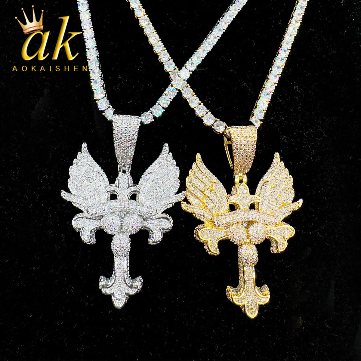 

Aokaishen Out Pendant Prong Setting Wing Cross Necklace for Men Real Gold Plated Hip Hop Jewelry