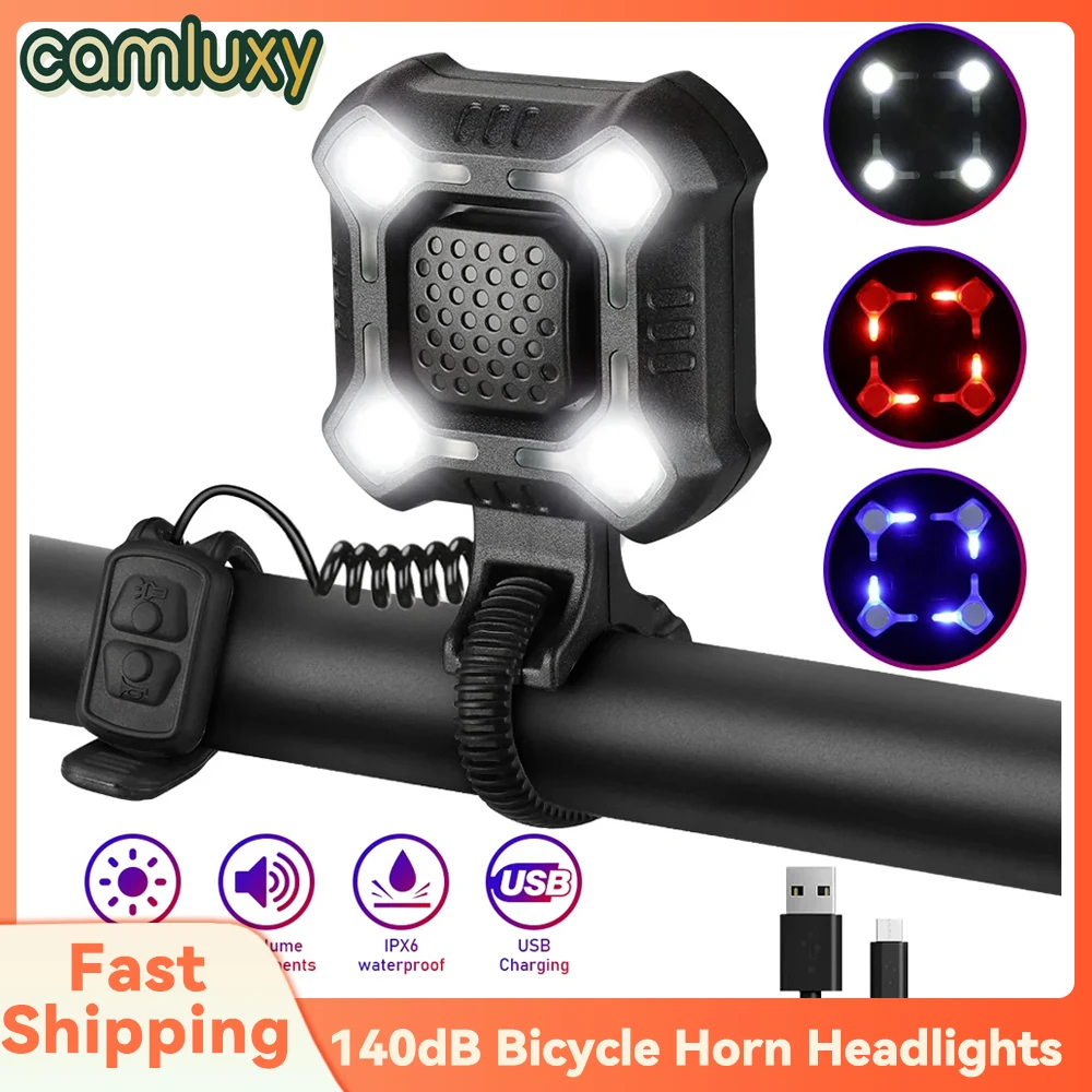 Camluxy 140dB Bicycle Horn Headlights IPX6 Waterproof 4 LEDs Bicycle Cycling Lamp Electric Horn USB Charging Security Alarm Bell